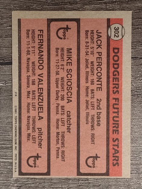 1981 Topps #302 Jack Perconte RC/Mike Scioscia RC/Fernando Valenzuela RC (EX)