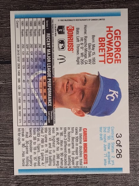 1992 Donruss McDonald's #3 George Brett