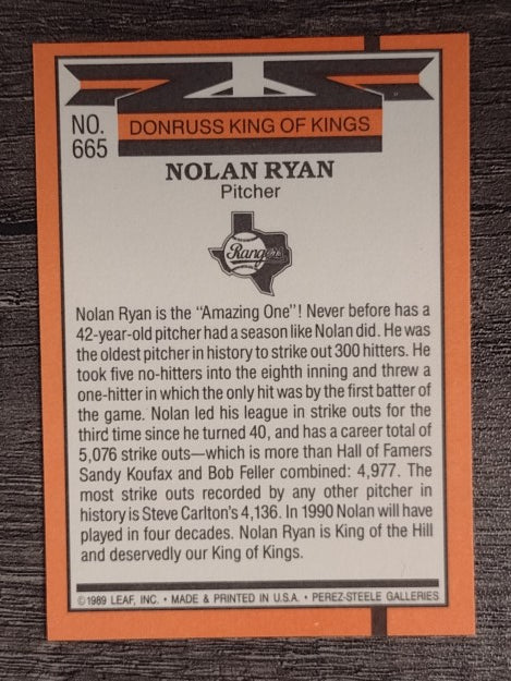 1990 Donruss #659A Nolan Ryan 5000K/665 King of Kings back ERR
