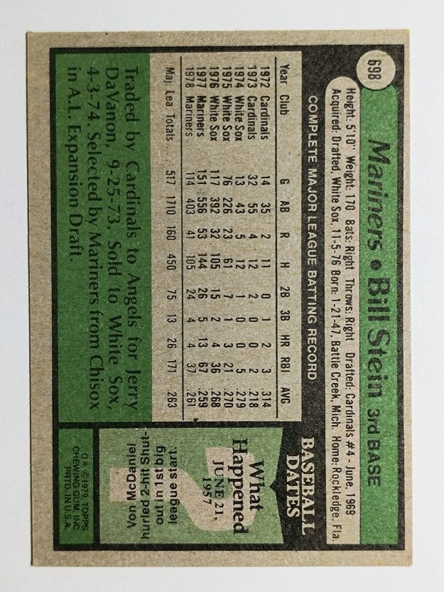 1979 Topps #698 Bill Stein (VGEX)
