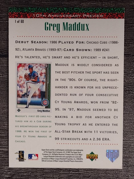 1998 Upper Deck 10th Anniversary Preview #1 Greg Maddux (EX)