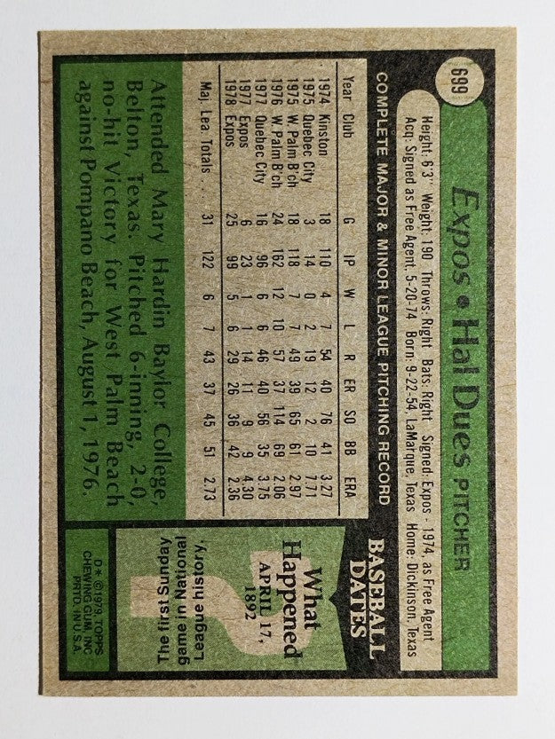 1979 Topps #699 Hal Dues RC (VGEX)