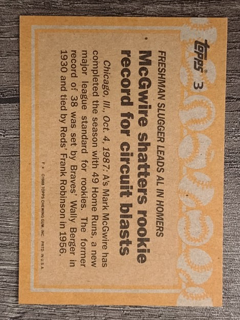 1988 Topps #3 Mark McGwire RB/No white spot