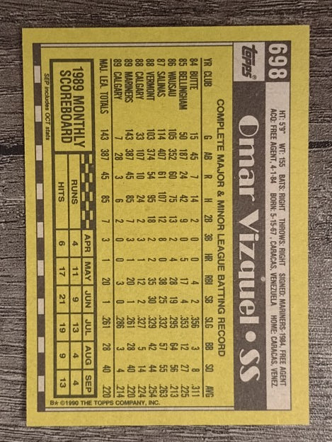 1990 Topps #698 Omar Vizquel