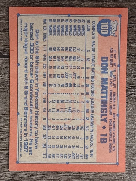 1991 Topps #100 Don Mattingly COR/101 hits in 1990