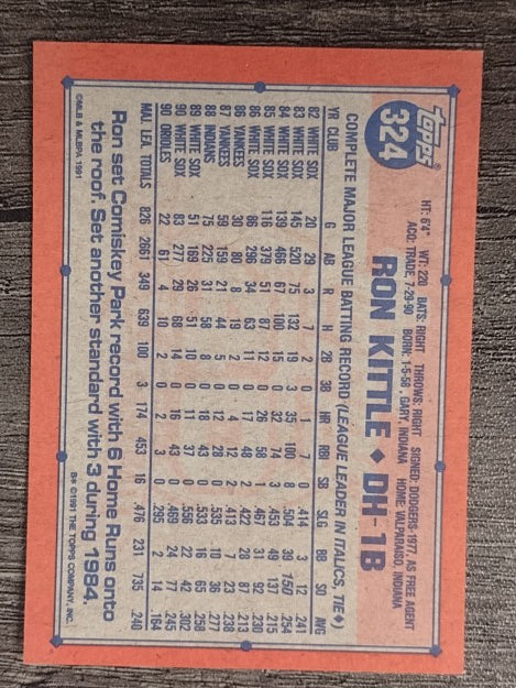 1991 Topps #324A Ron Kittle ERR/Set another standard