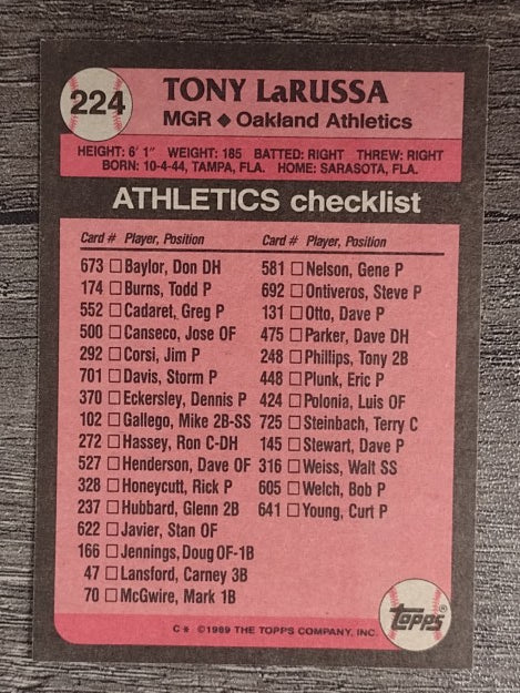 1989 Topps #224 Tony LaRussa MG
