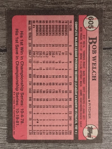 1989 Topps #605B Bob Welch COR