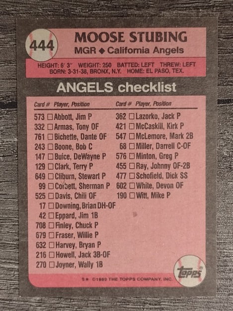 1989 Topps #444 Moose Stubing MG