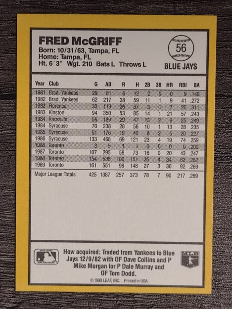 1990 Donruss Best AL #56 Fred McGriff