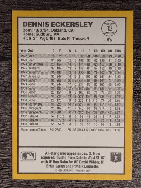 1990 Donruss Best AL #12 Dennis Eckersley