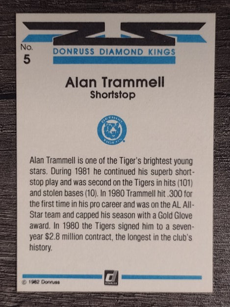 1982 Donruss #5 Alan Trammell DK/COR spelled Trammell on front