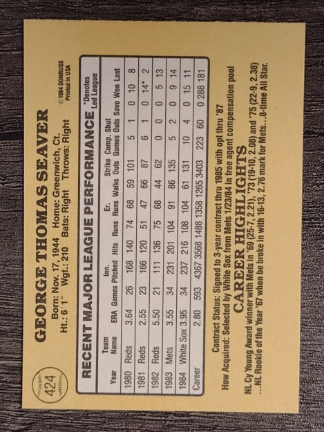 1985 Donruss #424A Tom Seaver ERR/Photo actually Floyd Bannister
