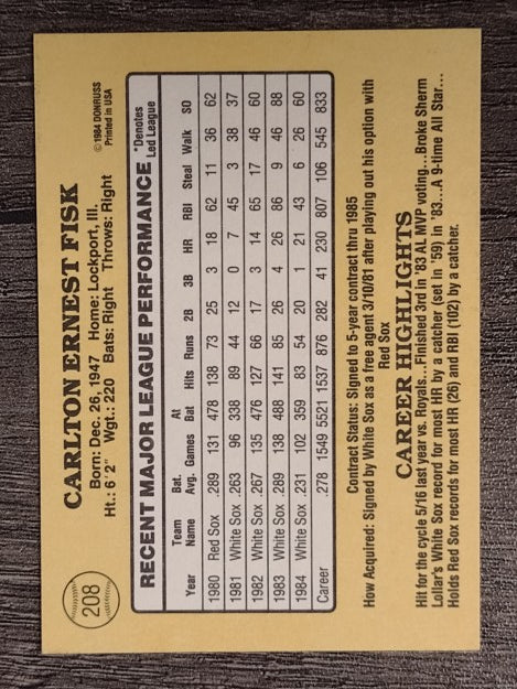1985 Donruss #208 Carlton Fisk
