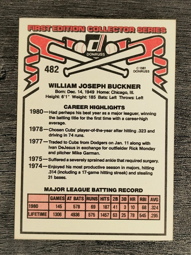 1981 Donruss #482 Bill Buckner