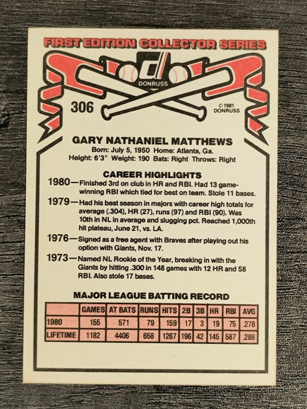 1981 Donruss #306B Gary Matthews/COR name spelled Matthews on front