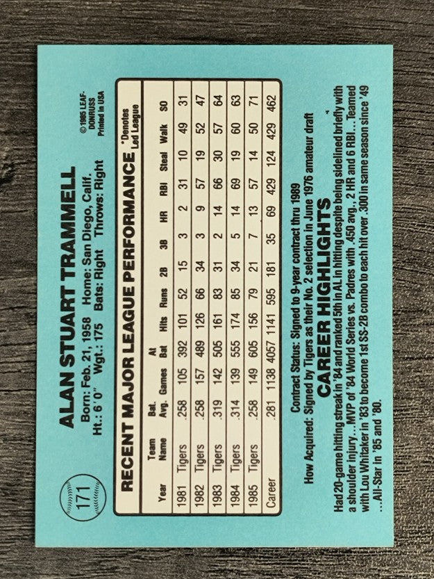 1986 Donruss #171 Alan Trammell