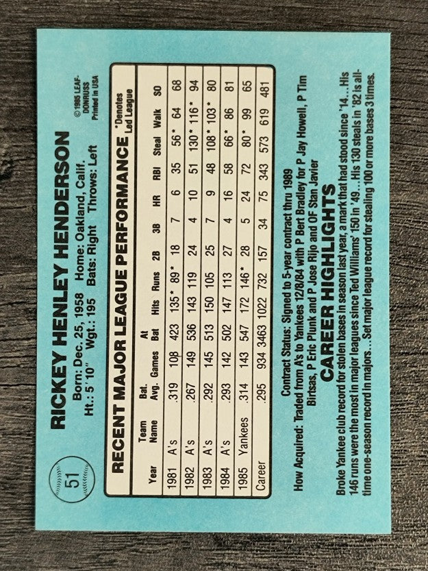 1986 Donruss #51 Rickey Henderson