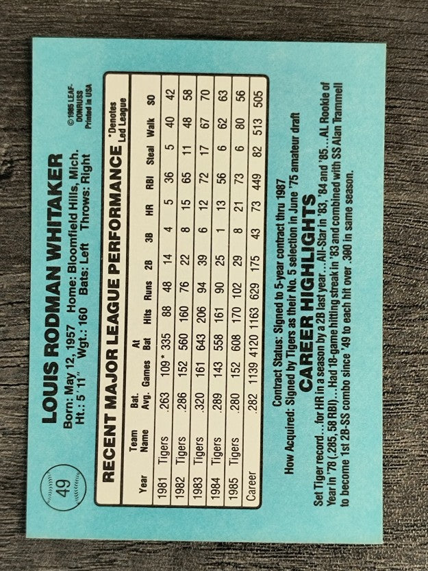 1986 Donruss #49 Lou Whitaker