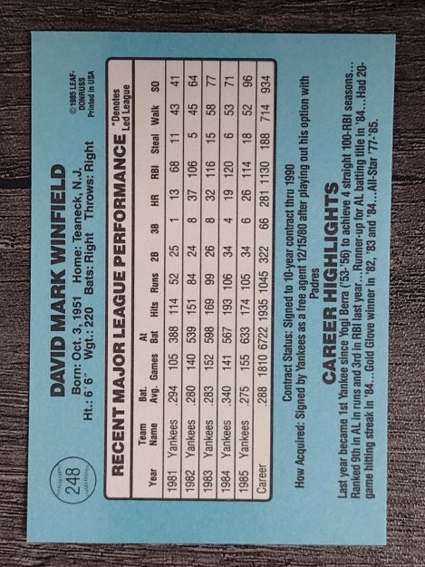 1986 Donruss #248 Dave Winfield