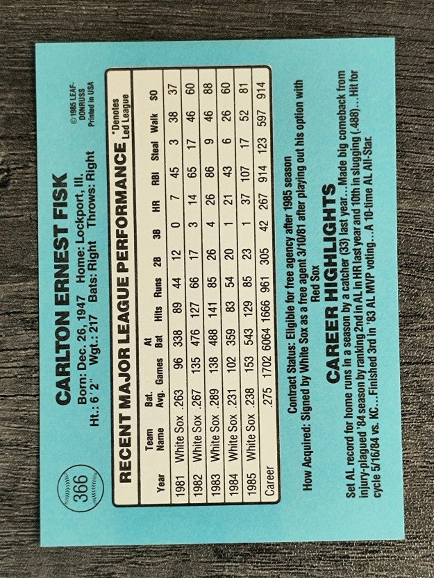 1986 Donruss #366 Carlton Fisk