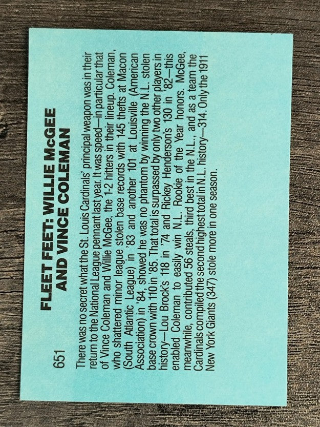 1986 Donruss #651 Fleet Feet/Vince Coleman/Willie McGee