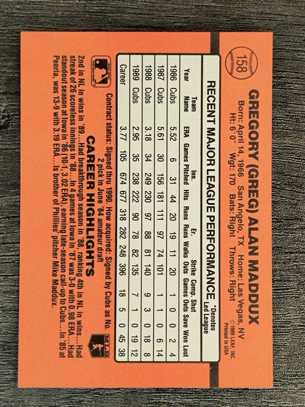 1990 Donruss #158 Greg Maddux
