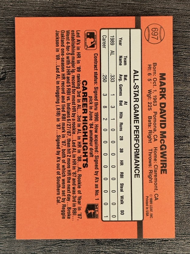 1990 Donruss #697B Mark McGwire AS/All-Star Game Performance