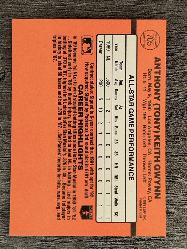 1990 Donruss #705 Tony Gwynn AS/All-Star Game Performance