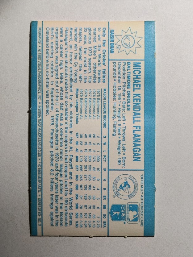 1980 Kellogg's #3 Mike Flanagan (GOOD)