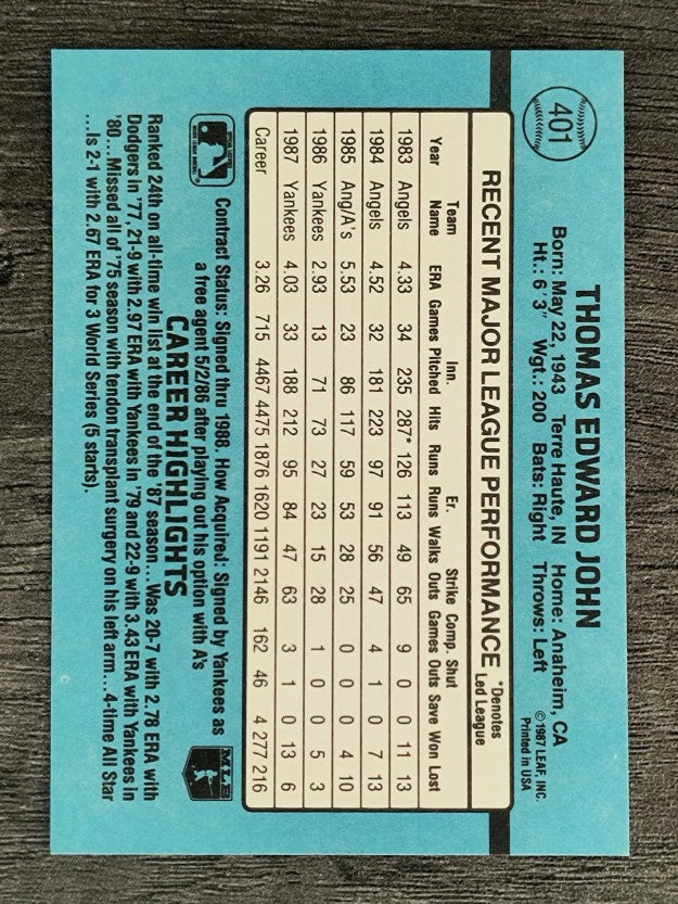 1988 Donruss #401 Tommy John