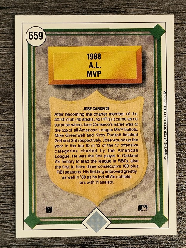 1989 Upper Deck #659A Jose Canseco AL MVP/Eagle logo in black