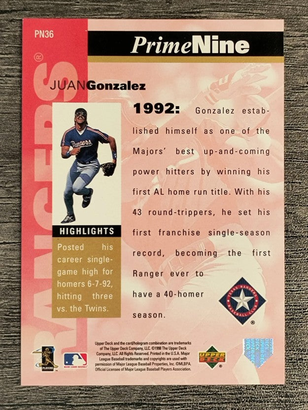 1998 Upper Deck Prime Nine #PN36 Juan Gonzalez/1992