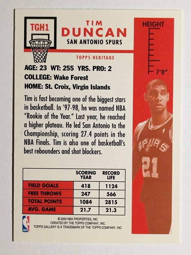 1999-00 Topps Gallery Heritage #TGH1 Tim Duncan