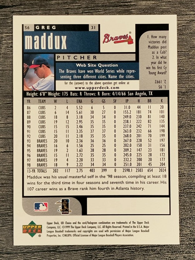 1999 UD Choice #56 Greg Maddux