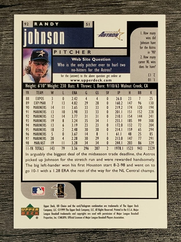 1999 UD Choice #92 Randy Johnson
