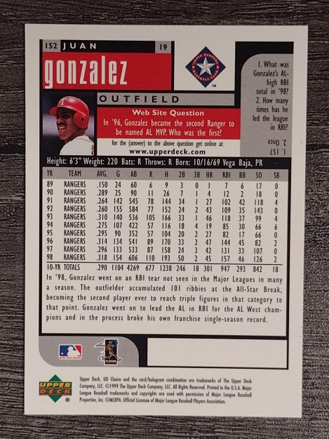 1999 UD Choice #152 Juan Gonzalez