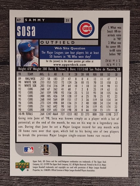 1999 UD Choice #67 Sammy Sosa