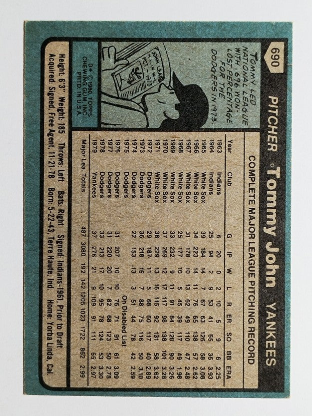 1980 Topps #690 Tommy John (EX)
