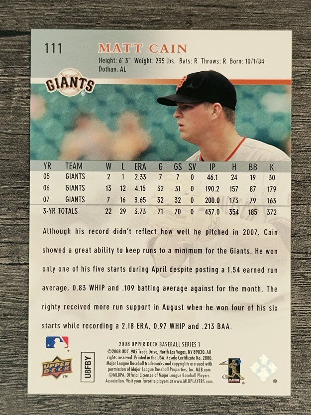 2008 Upper Deck #111 Matt Cain