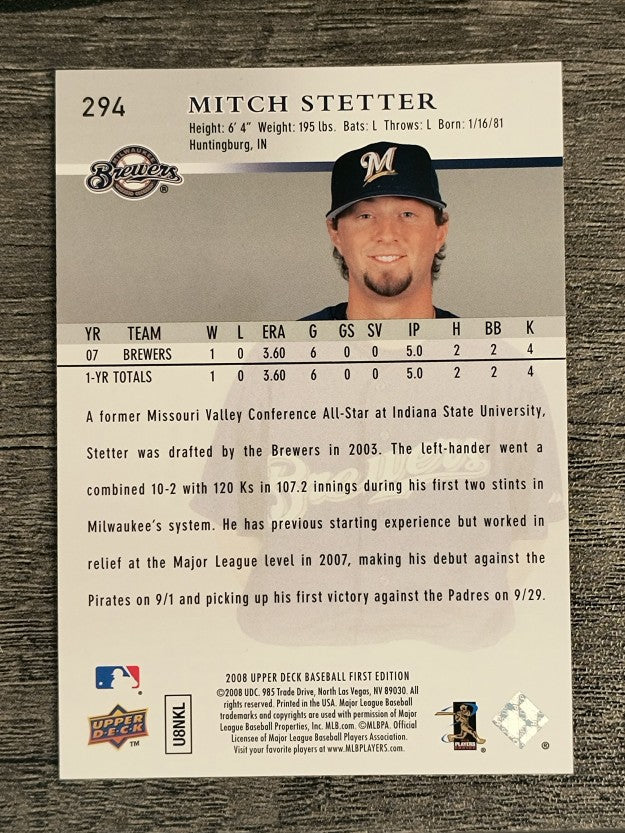 2008 Upper Deck First Edition #294 Mitch Stetter RC