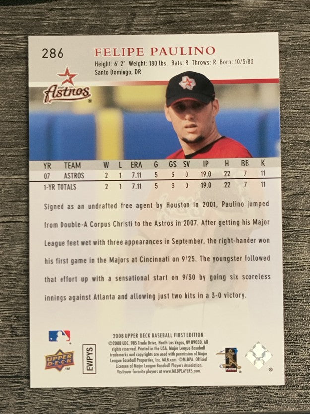 2008 Upper Deck First Edition #286 Felipe Paulino RC