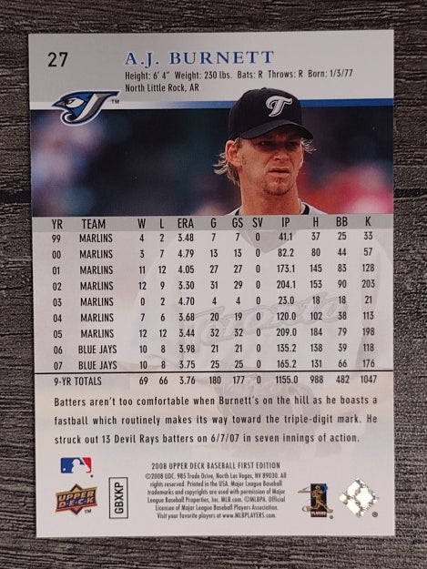 2008 Upper Deck First Edition #27 A.J. Burnett