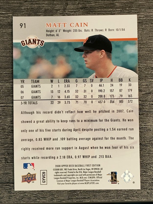 2008 Upper Deck First Edition #91 Matt Cain