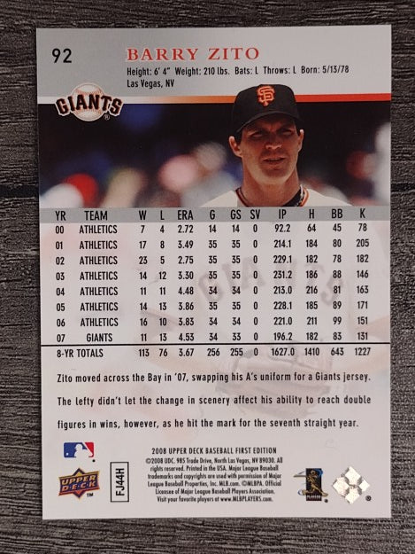 2008 Upper Deck First Edition #92 Barry Zito
