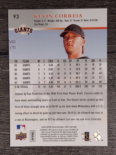 2008 Upper Deck First Edition #93 Kevin Correia