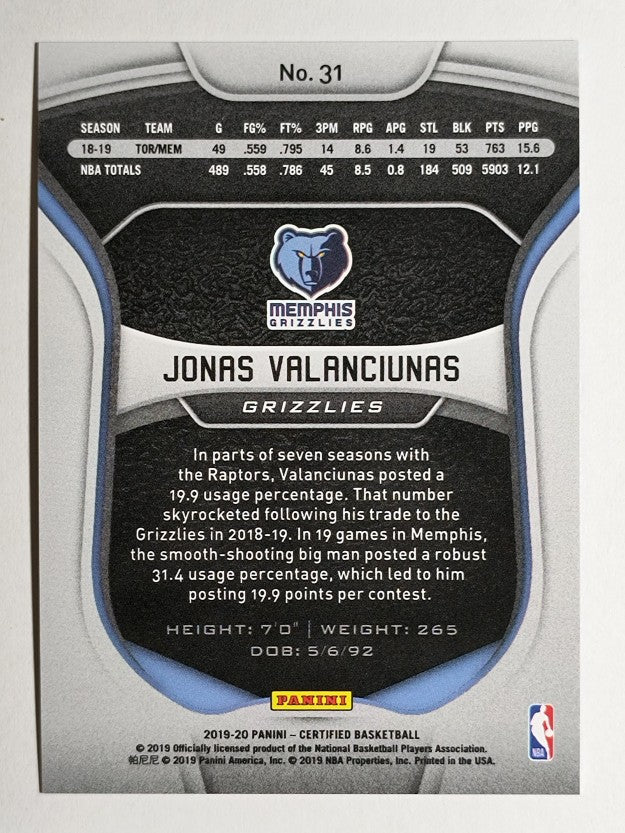 2019-20 Certified Mirror Blue #31 Jonas Valanciunas