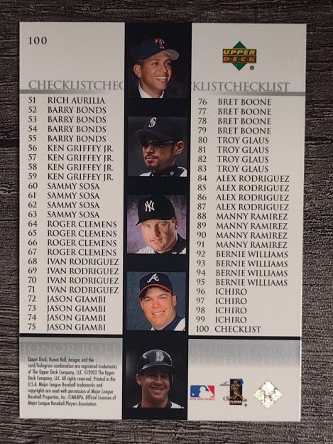 2002 Upper Deck Honor Roll #100 Checklist
