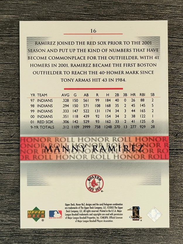 2002 Upper Deck Honor Roll #16 Manny Ramirez ALD9