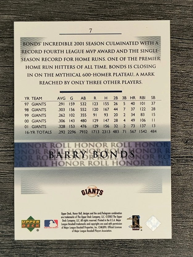 2002 Upper Deck Honor Roll #7 Barry Bonds NLD9